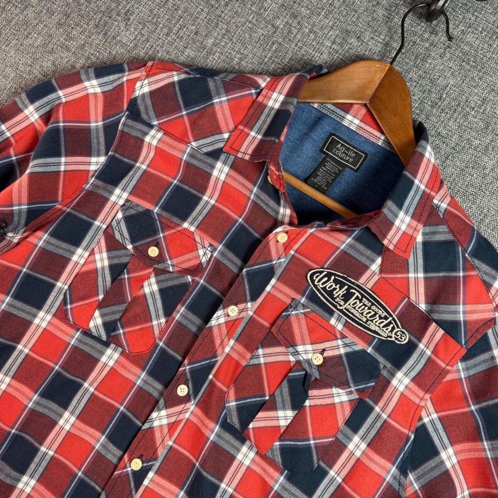 Mens Ag-ile Couture Plaid Button Down Shirt L Red Navy Embroidered‎ Back Graphic